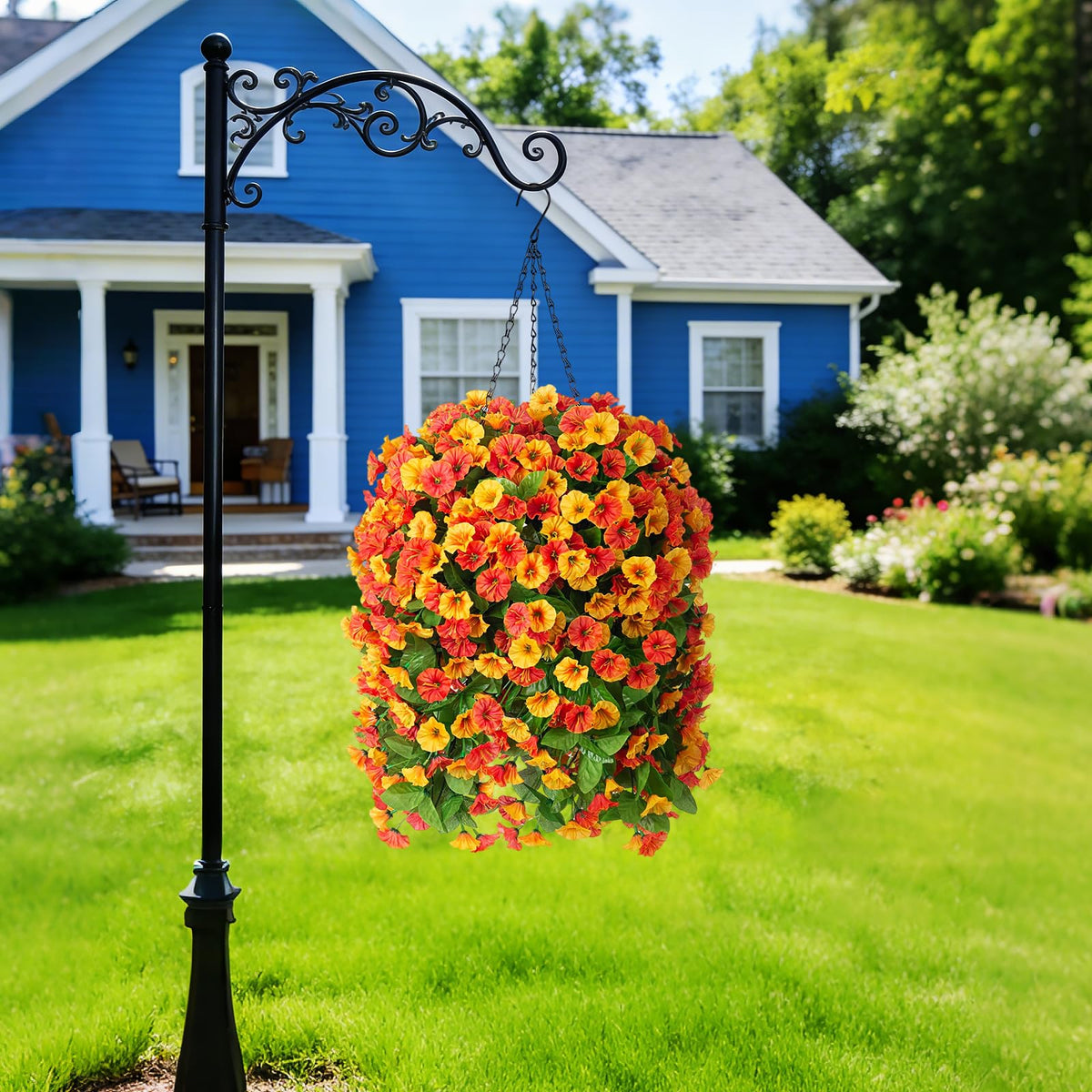 INXUGAO silk flowers in hanging basket offer year-long seasonal charm.
