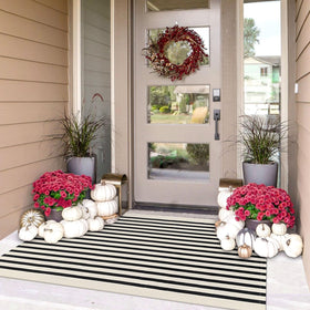 IOHOUZE black-beige striped rug for the front door, adds welcome style and moisture absorption.