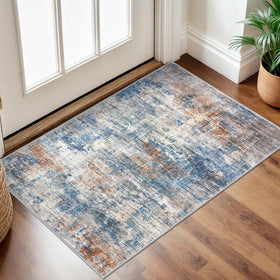 IOHOUZE abstract area rug 2x3 on blue rust print, ideal for high-traffic entryways.