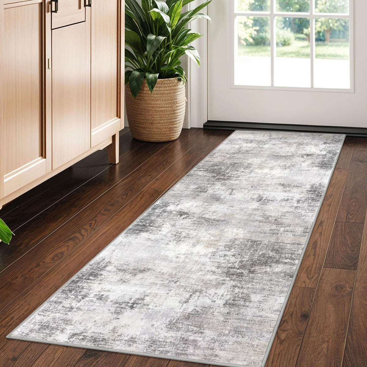 IOHOUZE abstract runner in gray-beige tones adds modern hallway style with durable, high-traffic comfort.
