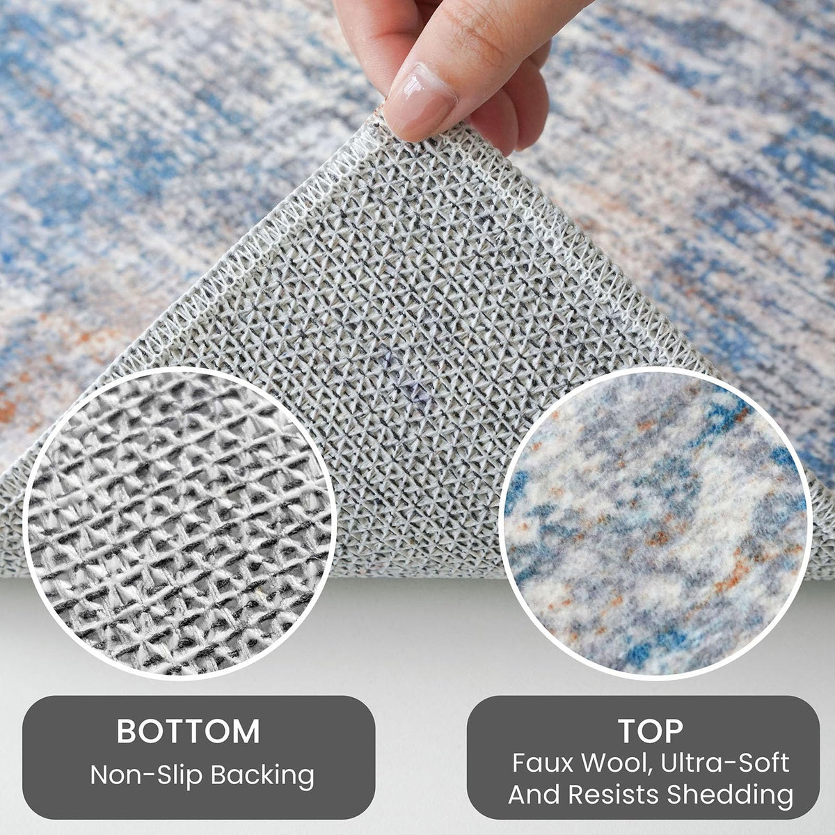 IOHOUZE rug with non-slip backing stays in place on floors.