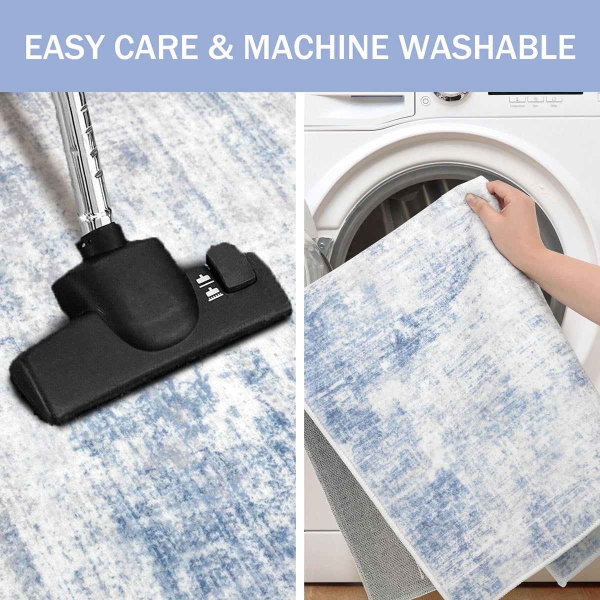 IOHOUZE rug with non-slip backing stays in place on hard floors.