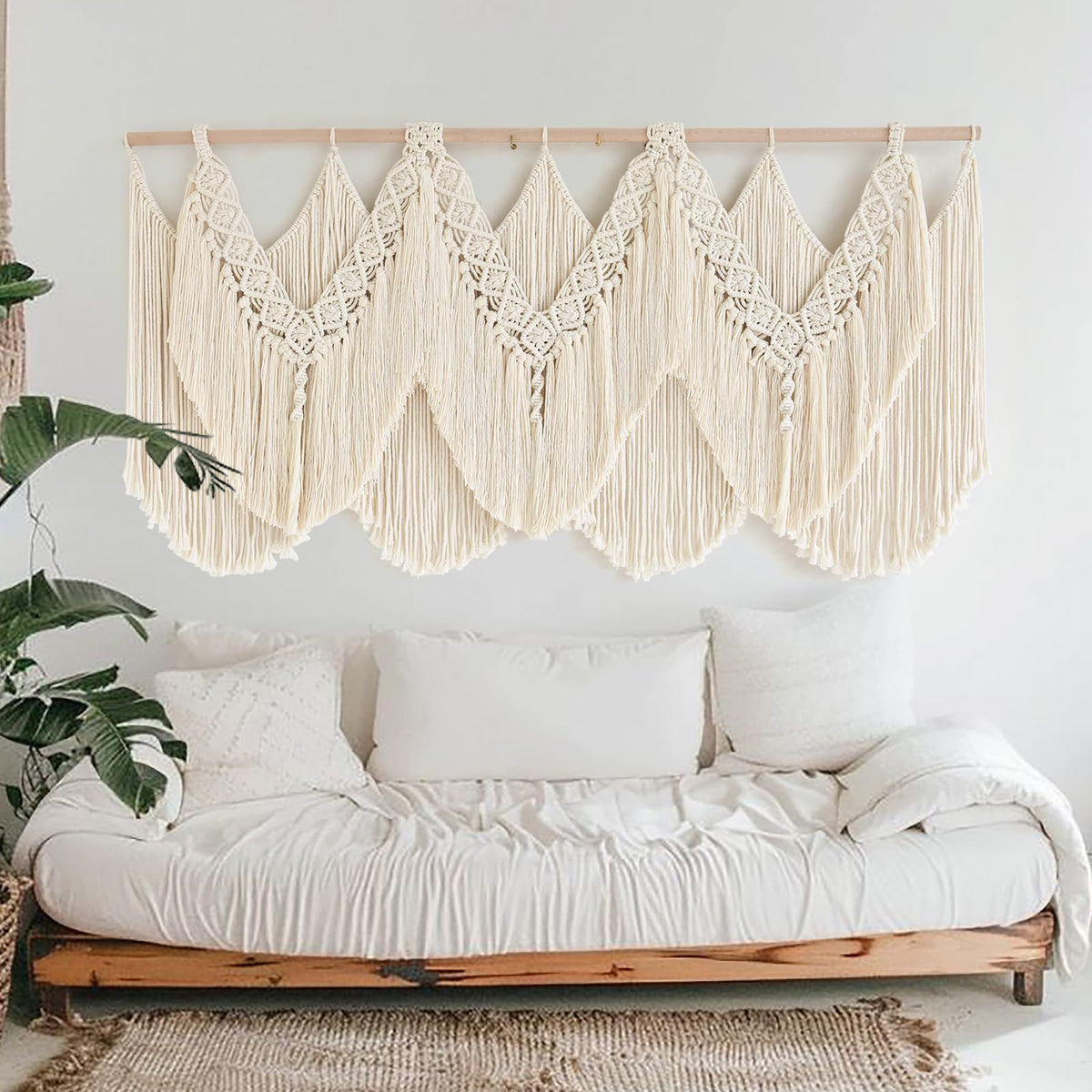IOWER macrame wall hanging back view reveals balanced knotwork and drape