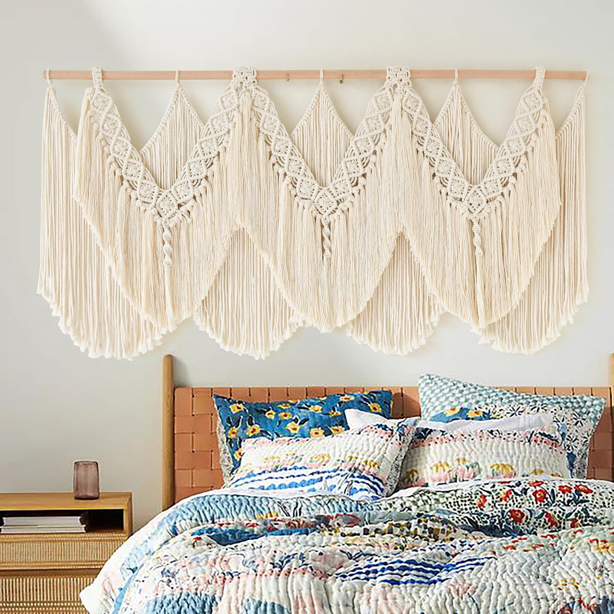 IOWER macrame wall hanging front view with intricate tassels for boho chic appeal