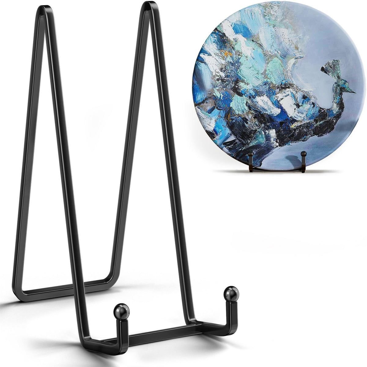 IPAME 16-inch plate stand securely displays a large plate on a shelf.