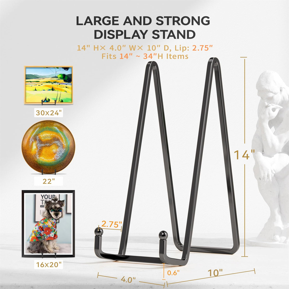 IPAME matte-black display easel enhances decor while securely holding items.