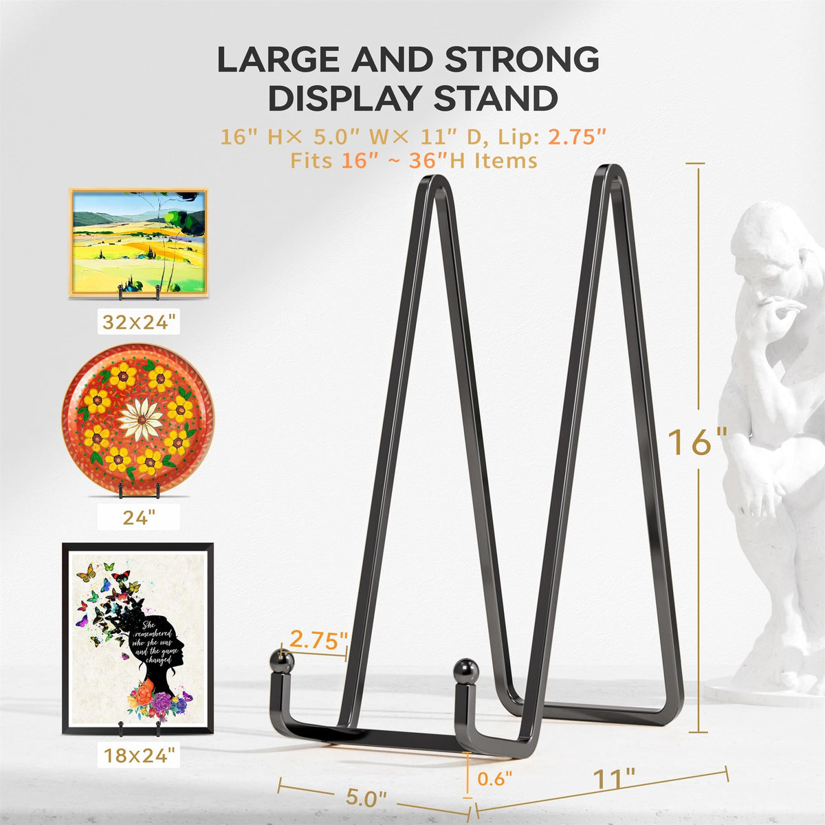 IPAME matte black easel base provides a sleek, stable display for frames.