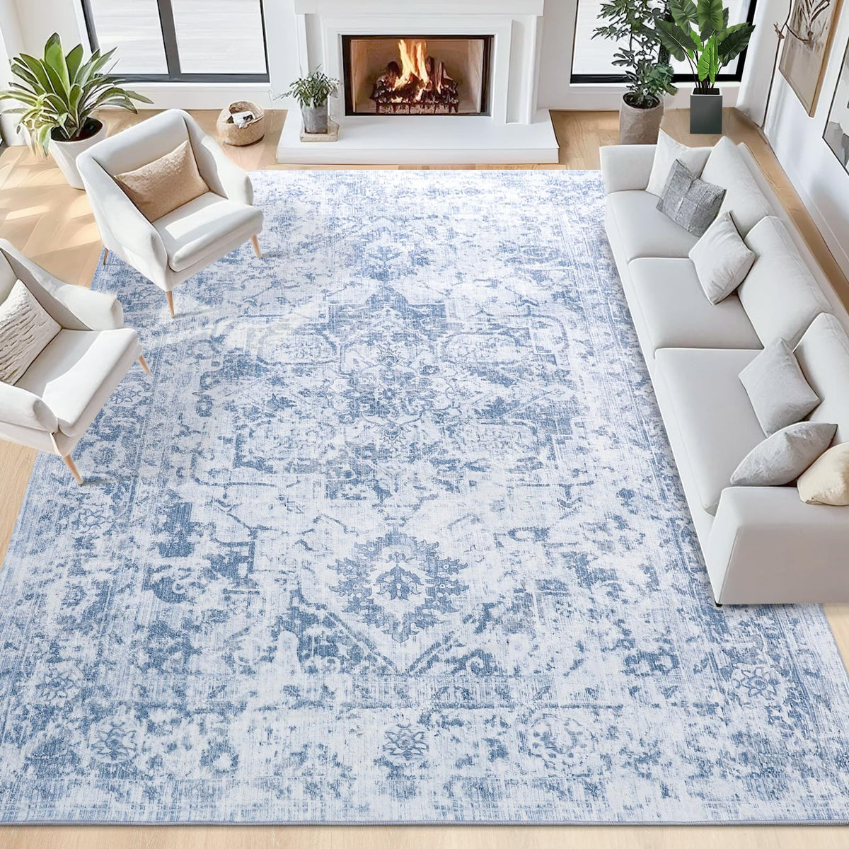 Iplusmall 6x9 blue rug with soft faux-wool for a cozy living room.