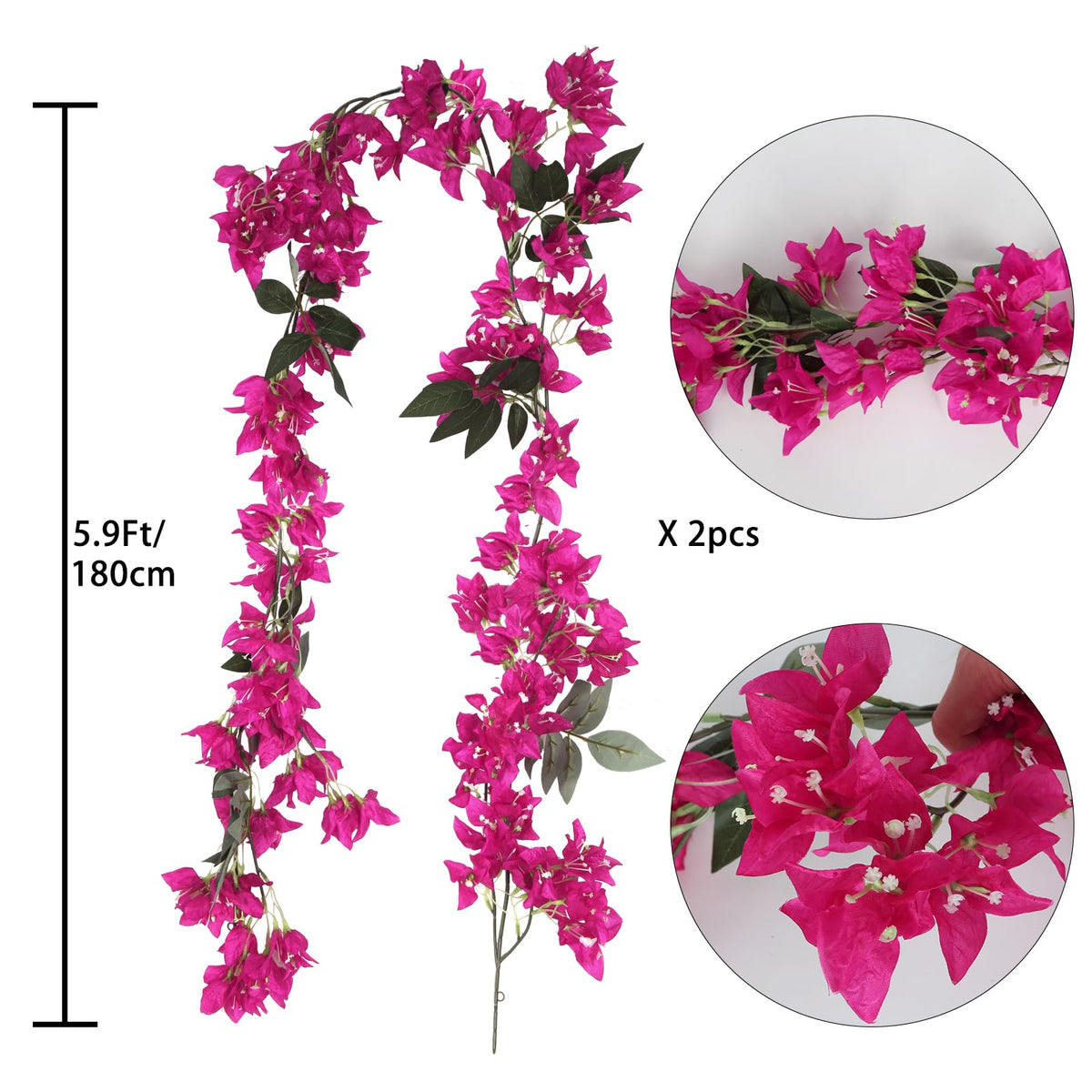 IPOPU silk bougainvillea garland close-up shows vibrant petals and realistic leaves.