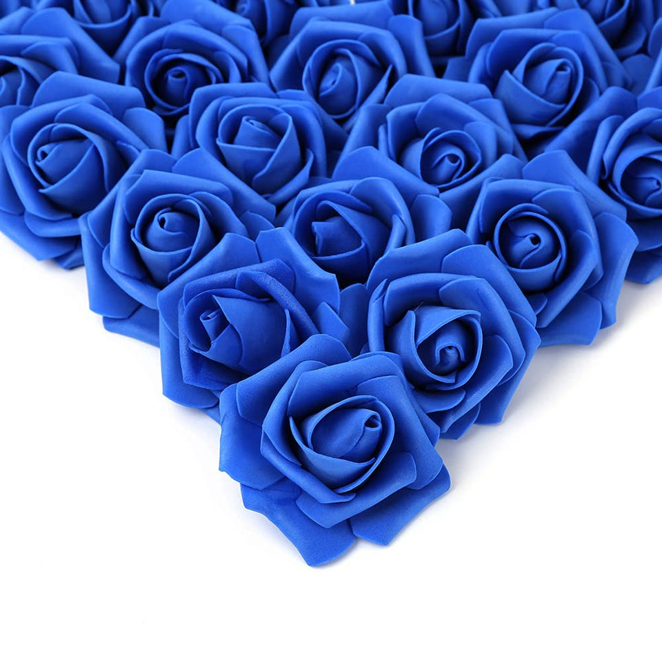 IPOPU royal blue foam rose head closeup showing lifelike texture and vibrant color.
