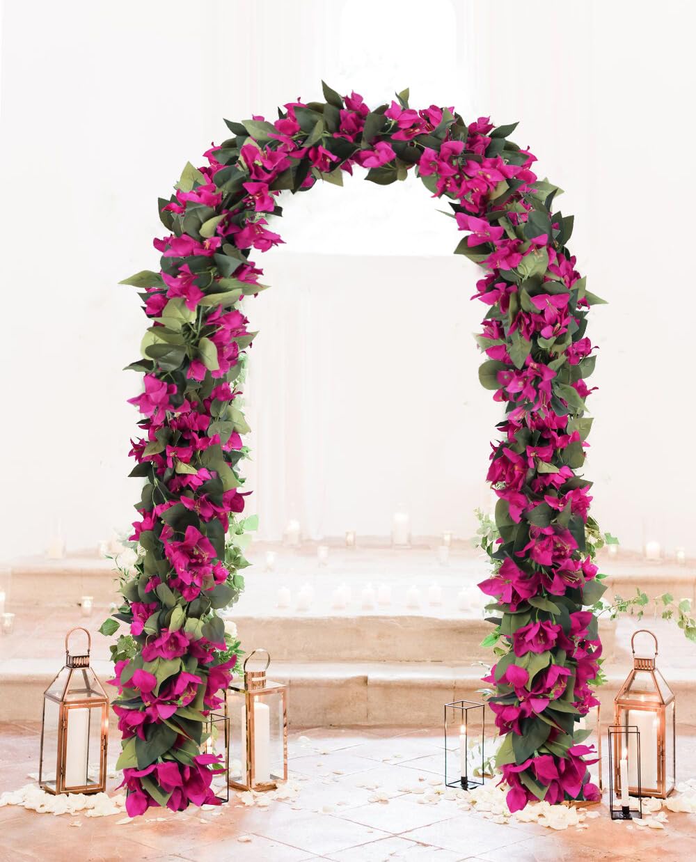 IPOPU bougainvillea garland on wedding arch creates an elegant backdrop