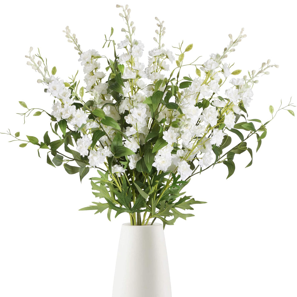 IPOPU white delphinium silk flowers close-up for elegant, maintenance-free arrangements.