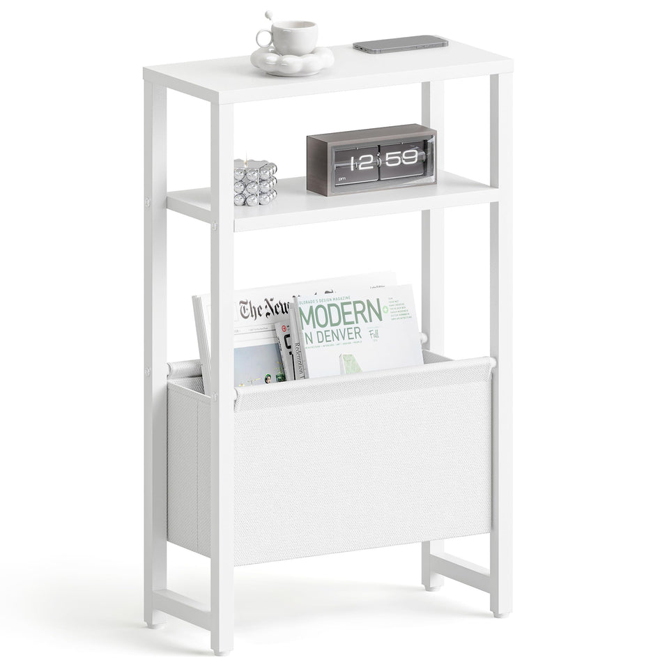 IRCPEN narrow side table front view with 3-tier storage in white, ideal for compact living spaces