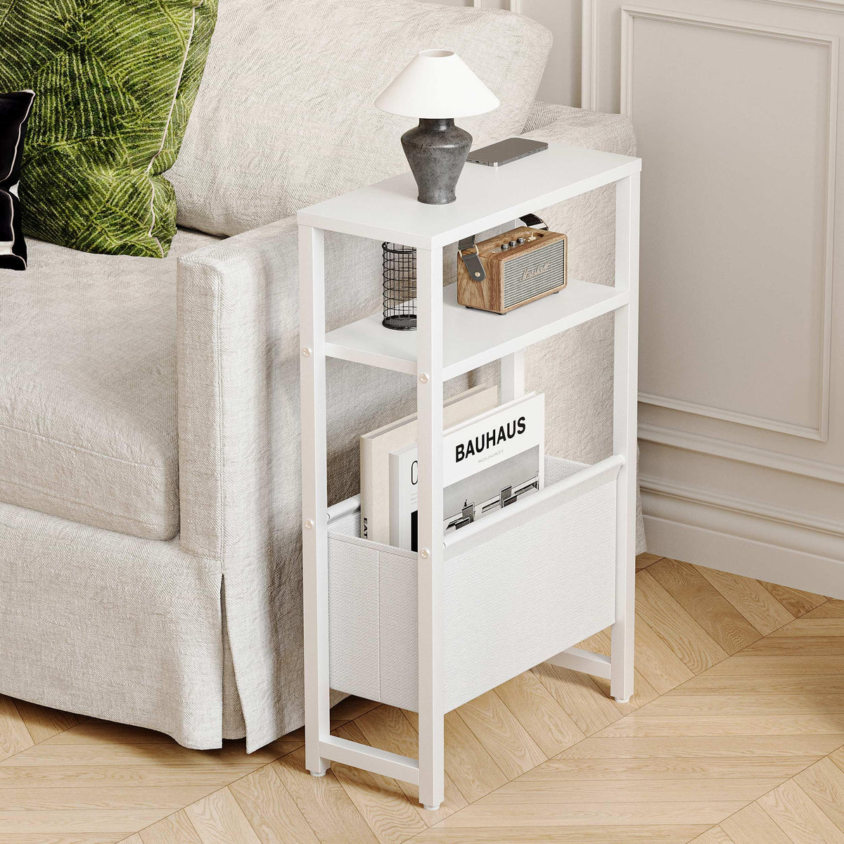IRCPEN narrow side table side view showing slim profile for bedside use