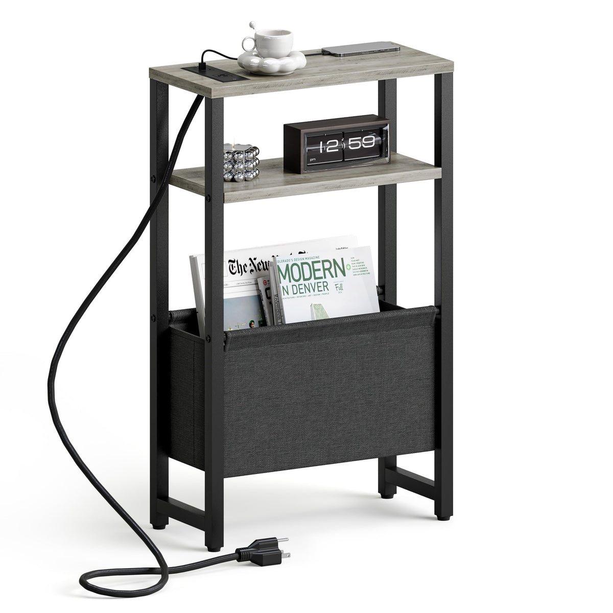 IRCPEN narrow side table with charging station beside a sofa.