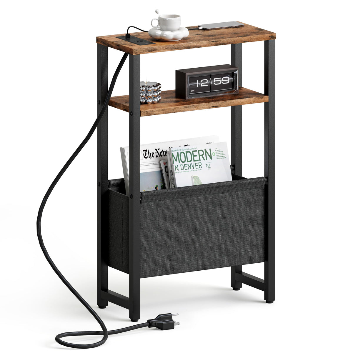 IRCPEN narrow side table with charging station beside the sofa for easy device access.