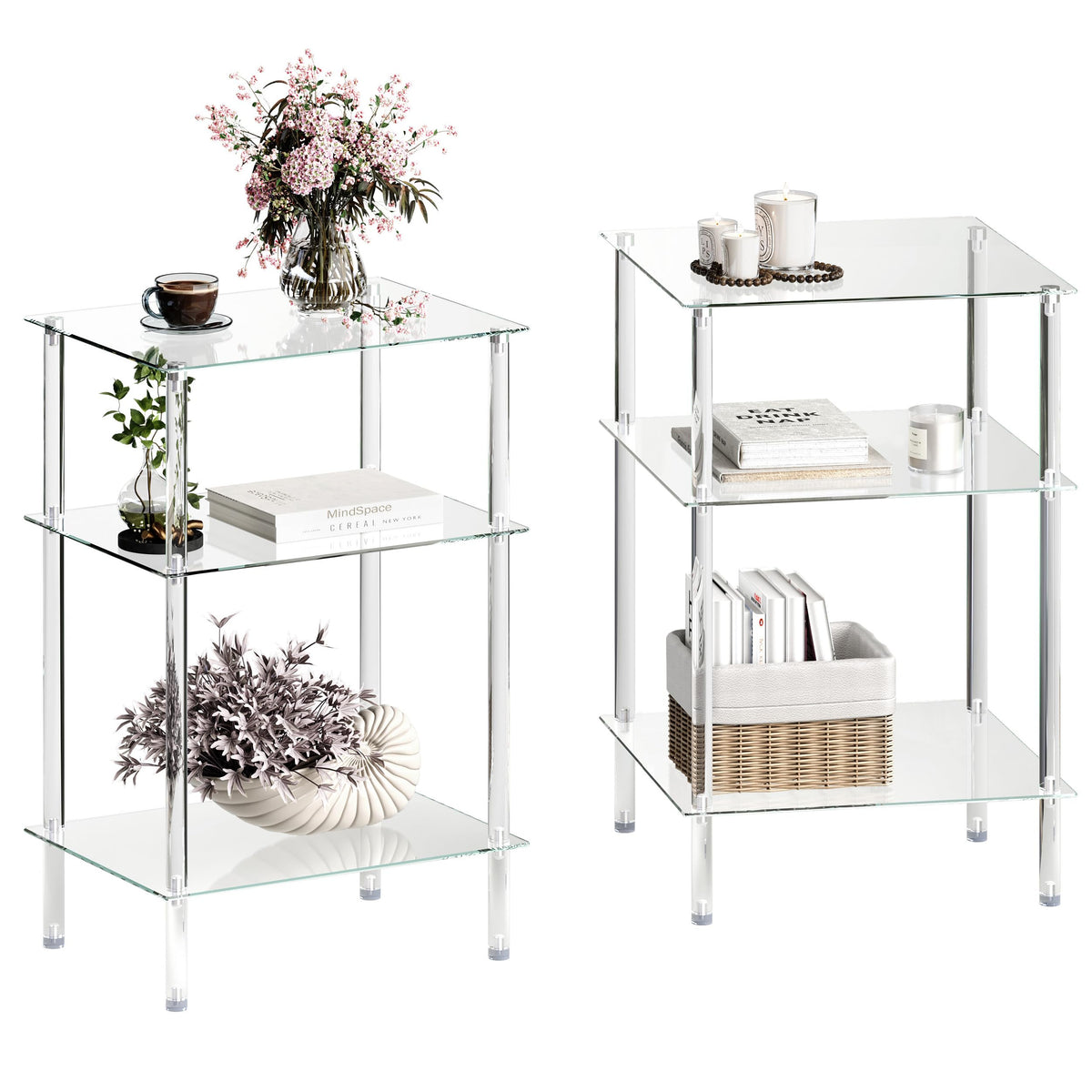 IRCPEN side table set with 3-tier clear glass—front view, ideal for small spaces