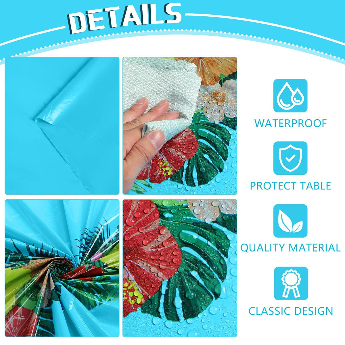 Irenare 6-piece Hawaii tablecloth set covers multiple tables with festive flair.