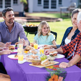 Irenare tropical tablecloth for summer parties guards against spills during outdoor entertaining.