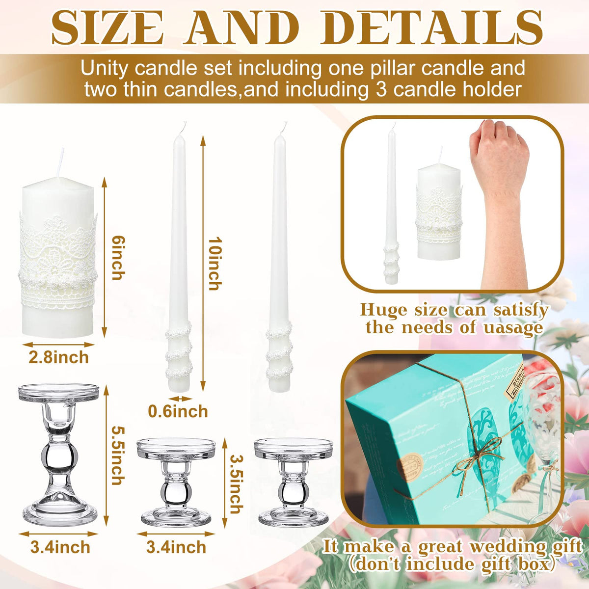 Irenare wedding candles offered in two sizes to fit the holders