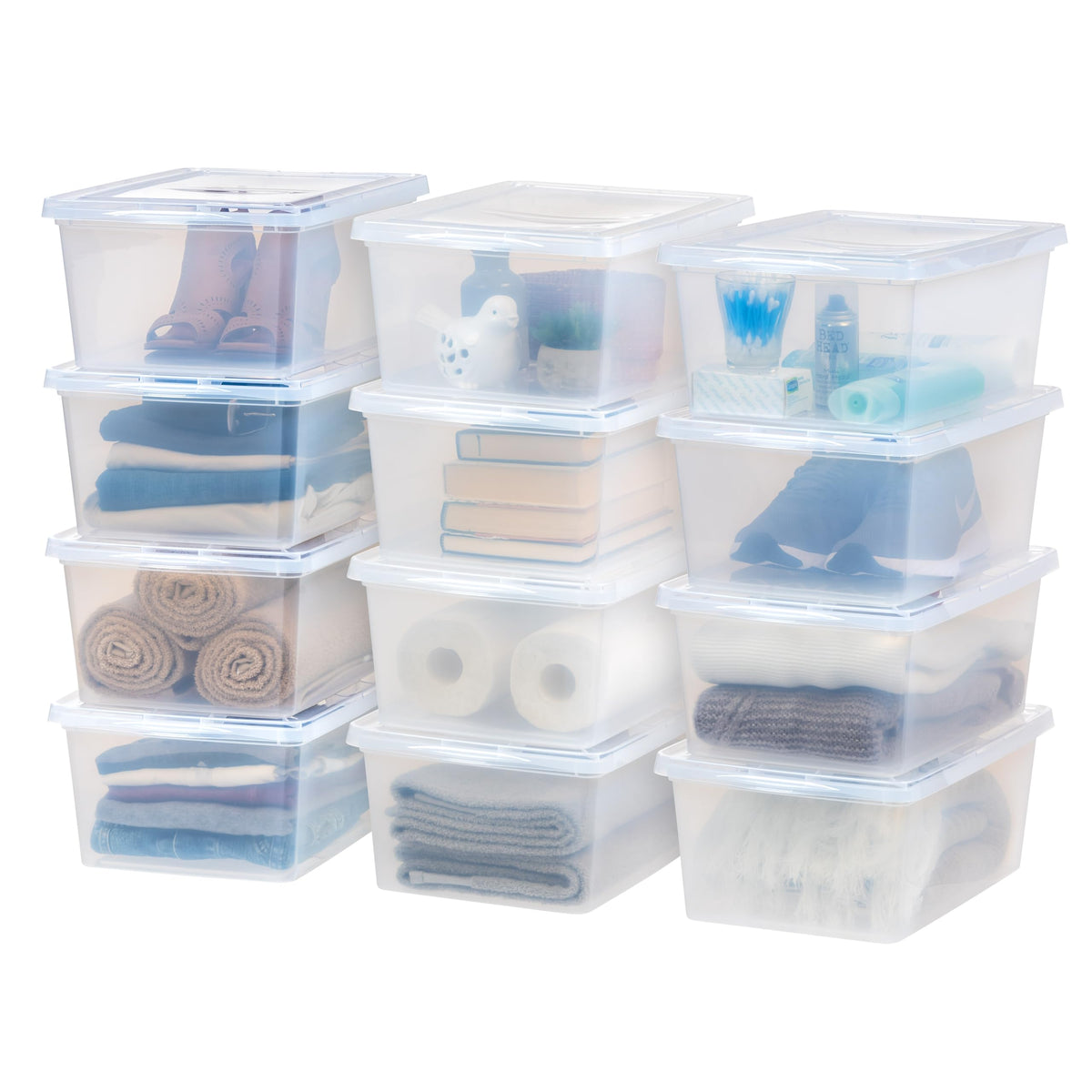 IRIS USA 12-pack clear storage bin with lid; easy visibility.