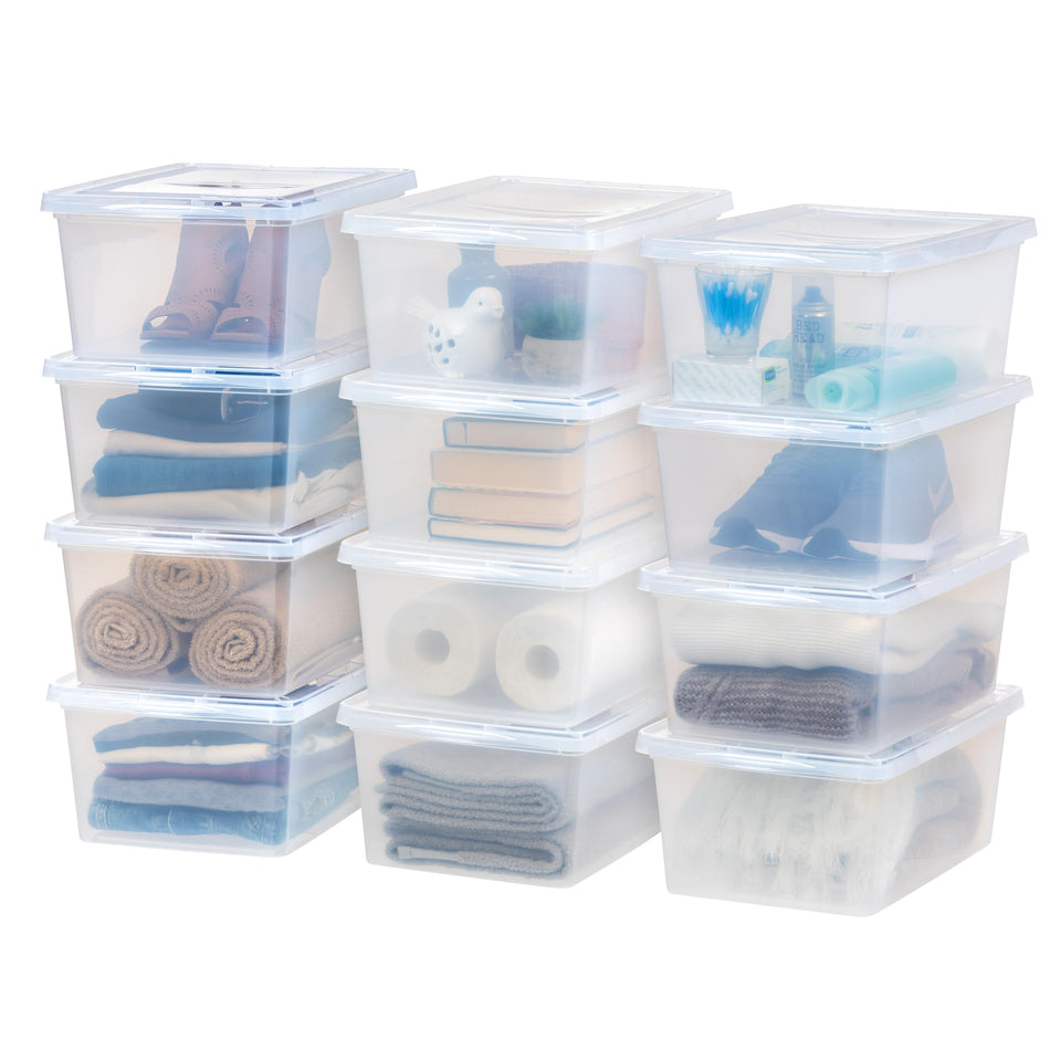 IRIS USA 12-pack clear storage bin with lid; easy visibility.