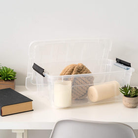 IRIS USA 13qt storage box measures 16.5 by 11 inches for compact storage.