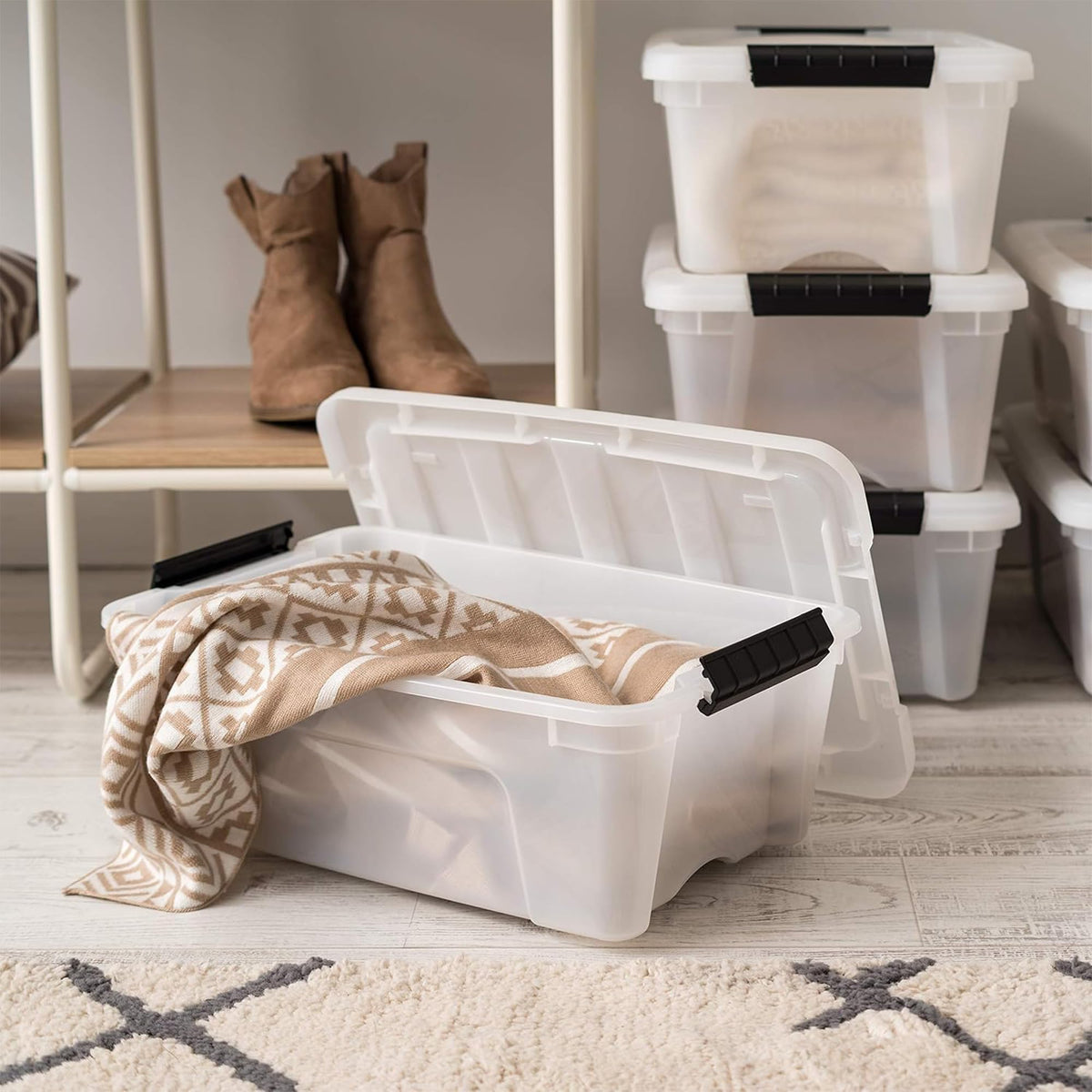 IRIS USA storage box features a built-in pull handle for easy sliding from shelves