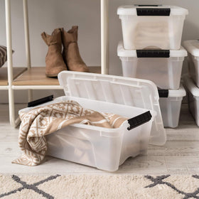 IRIS USA storage box features a built-in pull handle for easy sliding from shelves