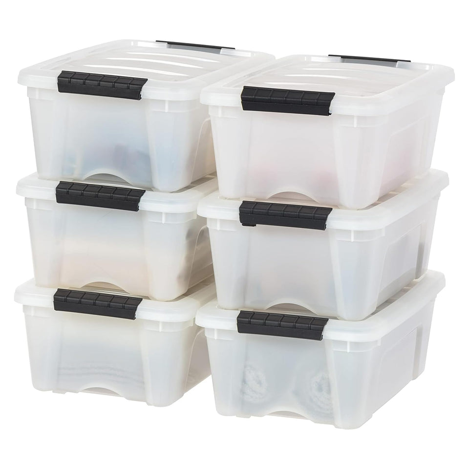 IRIS USA 13 qt storage box with lid and latches shows clear contents at a glance