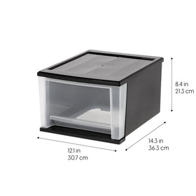 IRIS USA 17 Qt stackable drawer bedroom setup keeps essentials within reach.