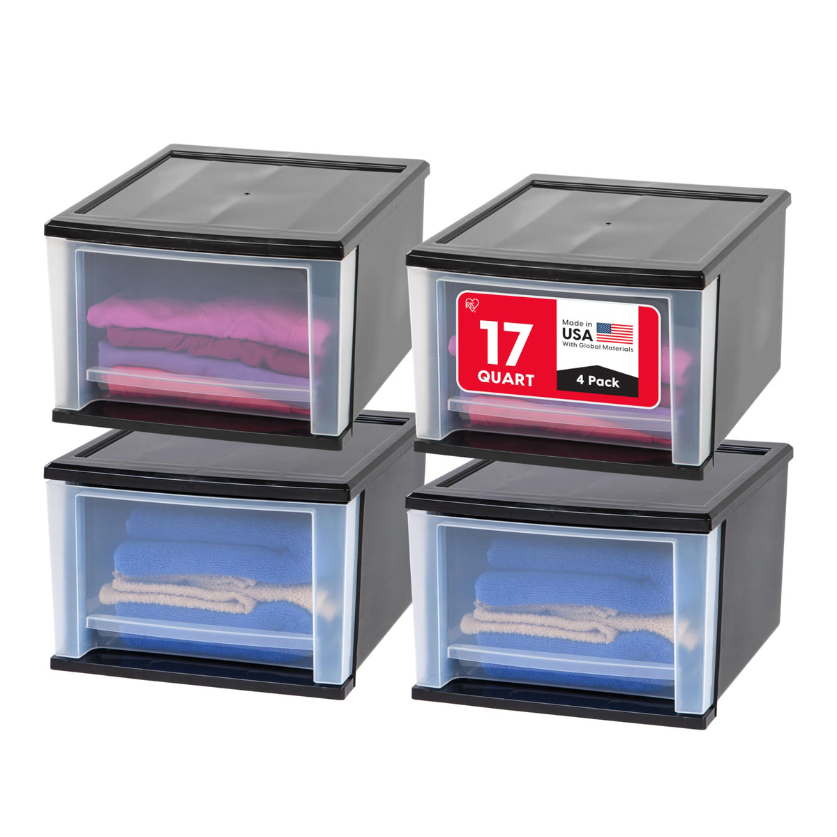 IRIS USA 17 Qt stackable drawer front view demonstrates compact organization.