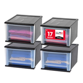 IRIS USA 17 Qt stackable drawer front view demonstrates compact organization.