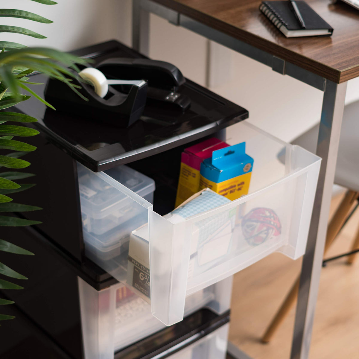 IRIS USA 17 Qt stackable drawer nursery organization keeps diapers and wipes neatly.