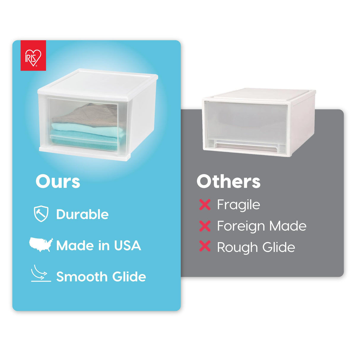 IRIS USA 17 Qt stacking drawer coral frame adds subtle privacy.
