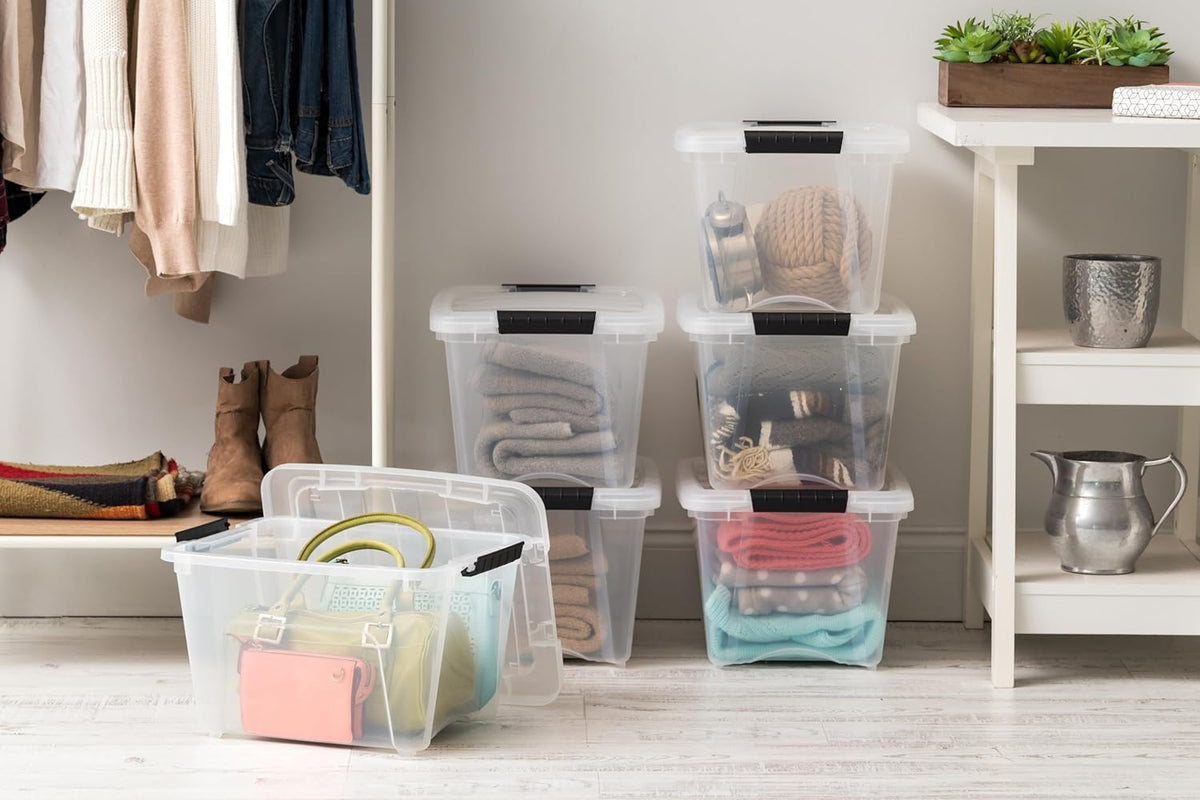 IRIS USA 19 QT storage box dimensions shown for shelf fit consideration.
