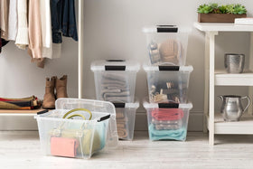 IRIS USA 19 QT storage box dimensions shown for shelf fit consideration.