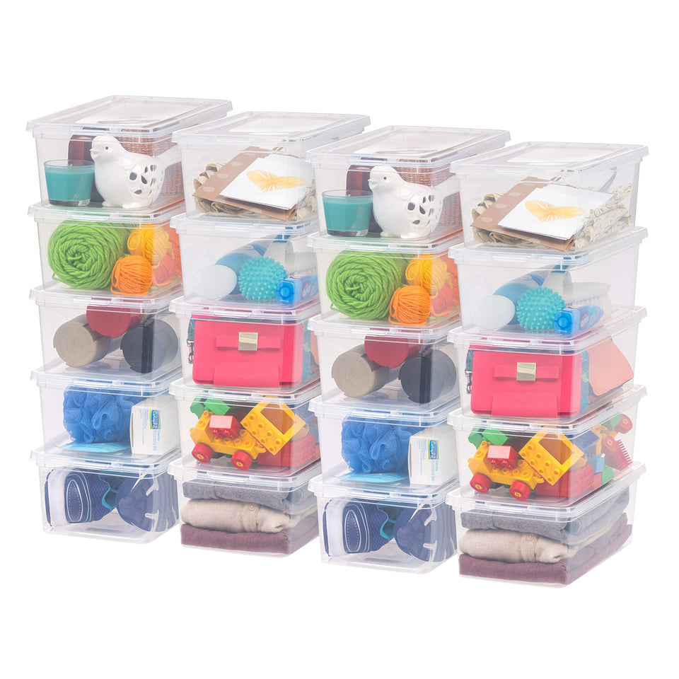 IRIS USA 20-pack storage bins with lids, clear design for easy closet organization.