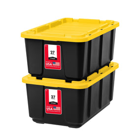 IRIS USA 27 gallon bin with lid for organized garage or attic storage.