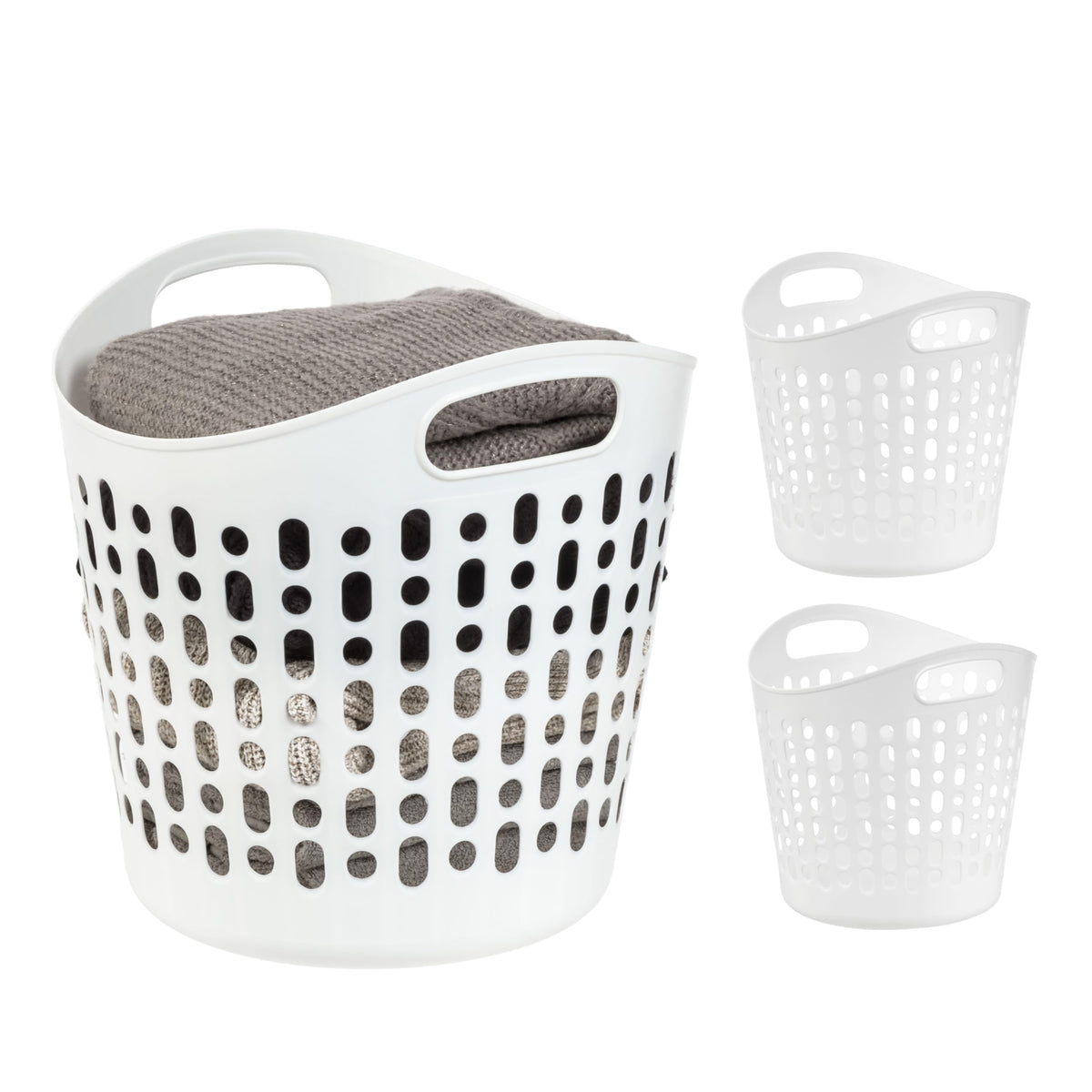 IRIS USA 27L laundry basket front view in a 3-pack for organized sorting