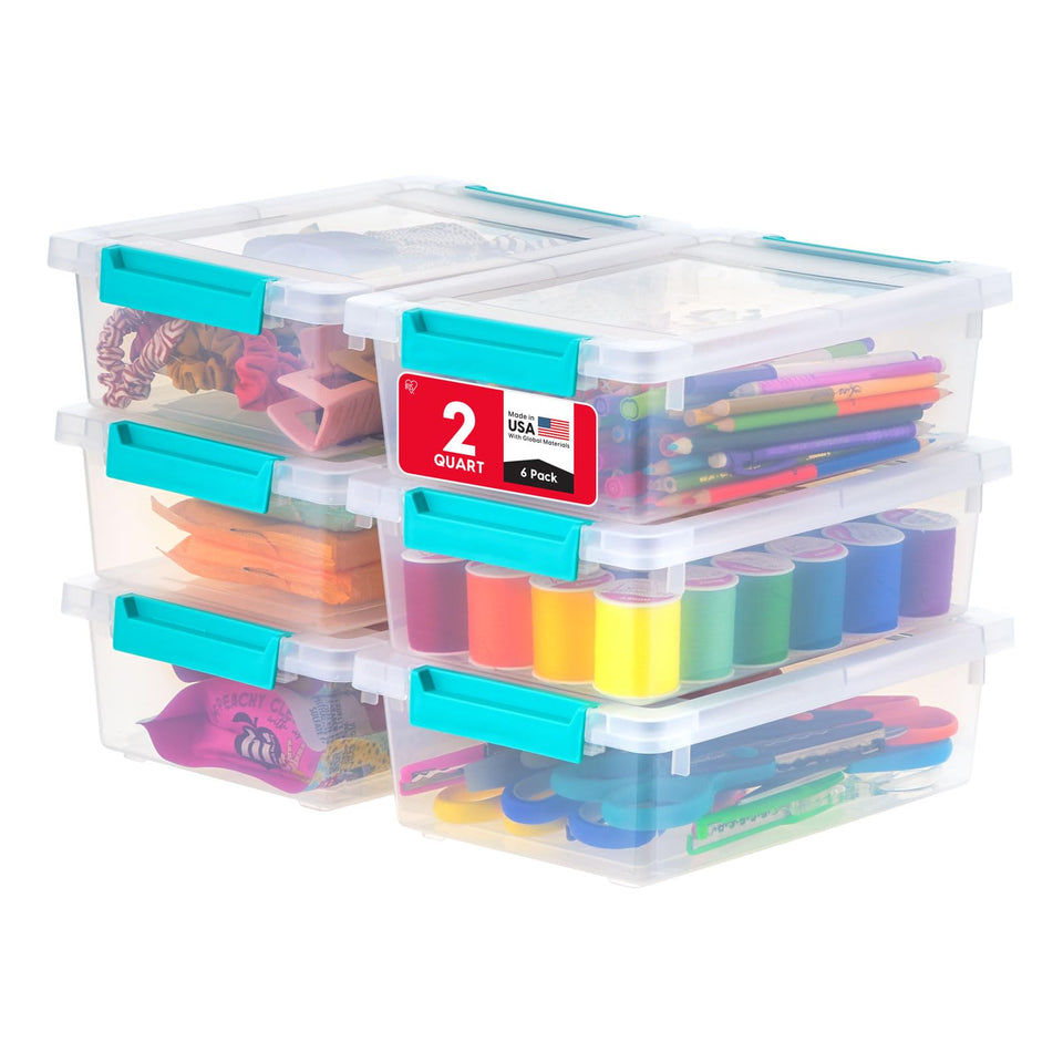 IRIS USA 2 Qt craft storage bin with lid keeps art supplies organized and dust-free.
