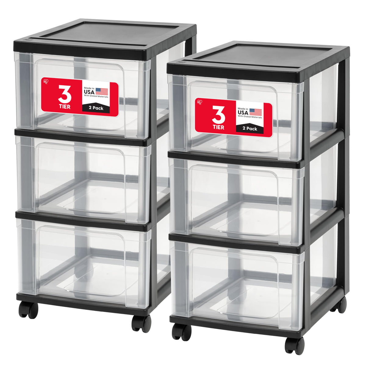IRIS USA 3-drawer cart with narrow black-clear drawers for compact storage.