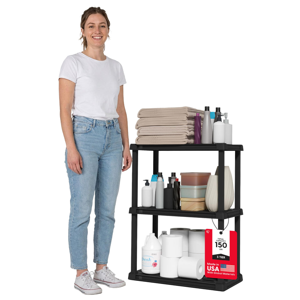 IRIS USA 3-shelf light-duty shelf side view shows sturdy, space-saving design.