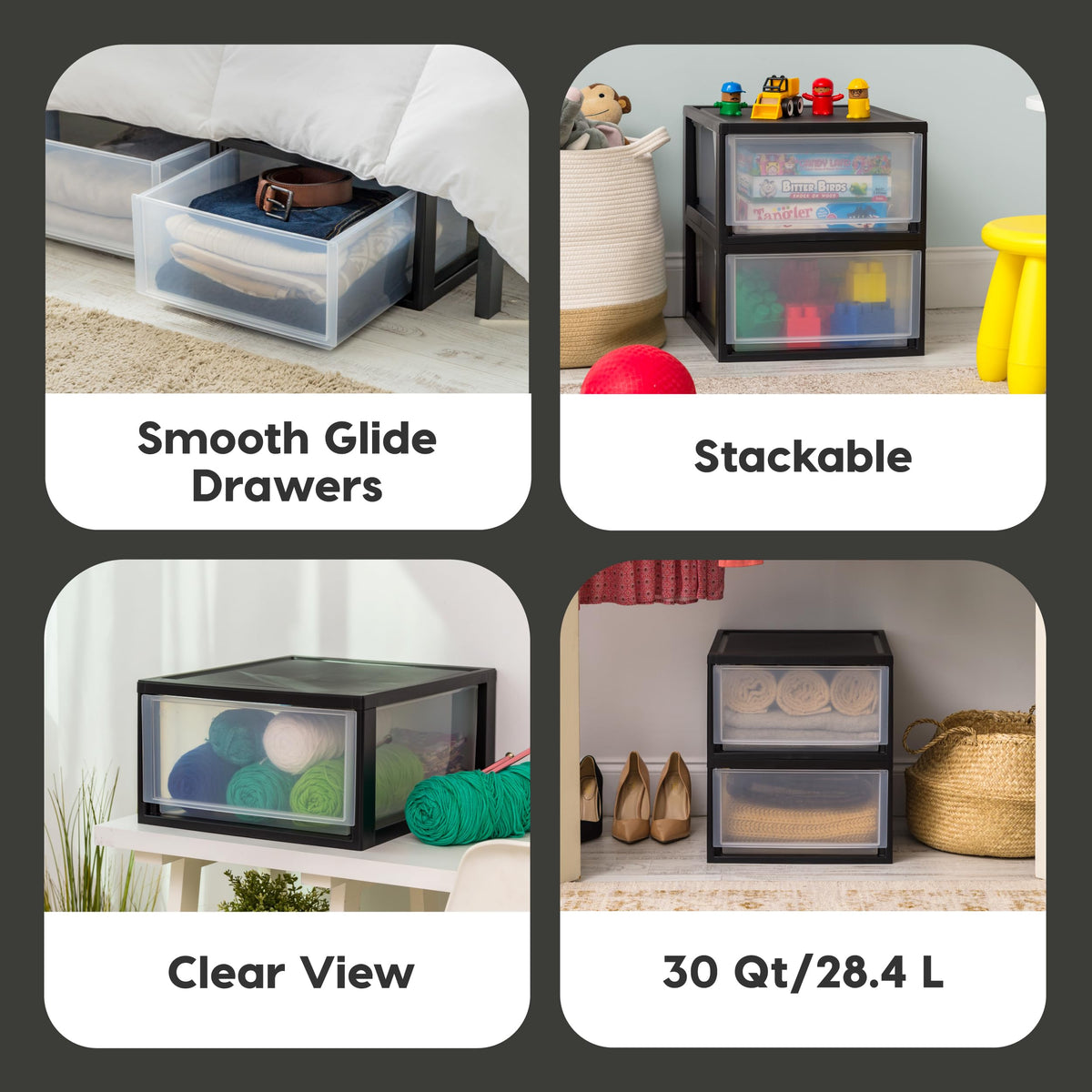 IRIS USA 30 Qt bedroom organization using drawers for clothing.