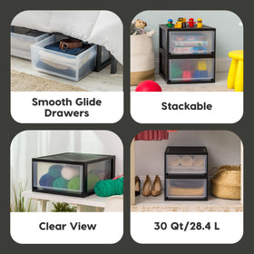IRIS USA 30 Qt bedroom organization using drawers for clothing.