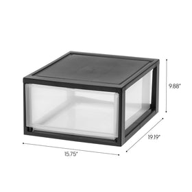 IRIS USA 30 Qt sliding drawer demonstrated for organized closet storage.
