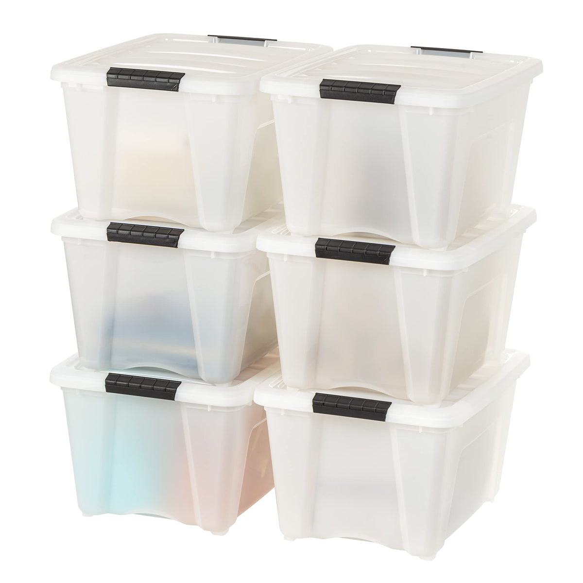 IRIS USA 32-qt stackable bin with lid in pearl demonstrates space-saving storage.