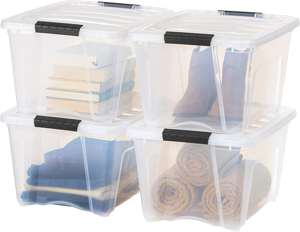 IRIS USA 32 Qt bin with lid in clear see-through design for quick content viewing.