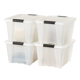 IRIS USA 32 Qt stackable bin front view shows discreet pearl finish for private storage.