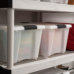 IRIS USA 32 Qt bin lid open highlights quick access for everyday items.